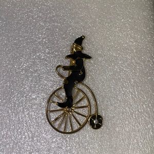 Harlequin Clown Black and Gold Unicycle Pin Brooch